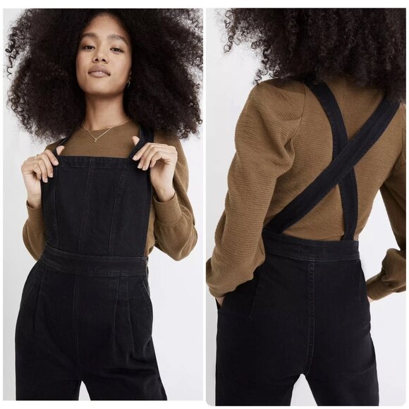 Madewell Tapered Ballon Overall Jumpsuit Womens 6 Black Denim Cross Back Casual - Picture 2 of 16